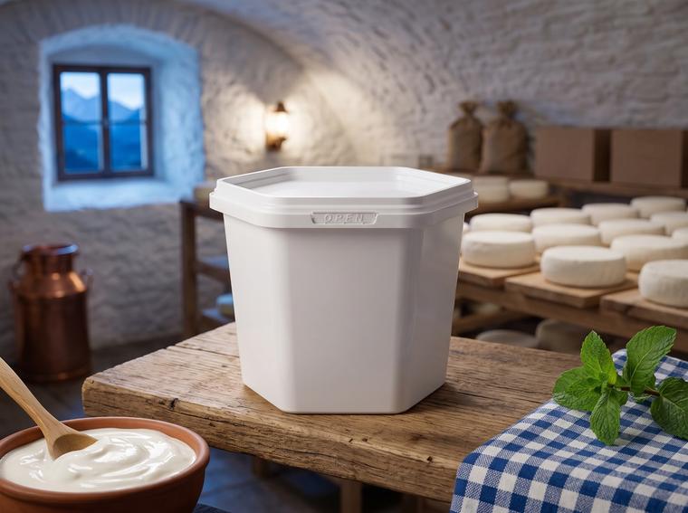 400 ml plastic container in a cheese dairy cellar