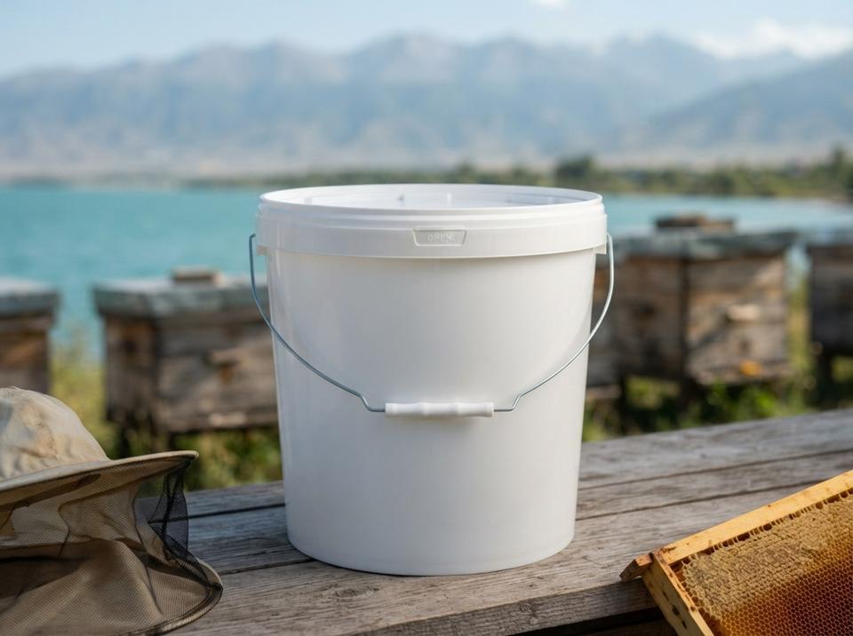 White 21 L plastic bucket with lid and metal bail handle with plastic grip on a wooden platform at an apiary by the hives, next to a beekeeper's veiled hat, with the lake and mountains behind