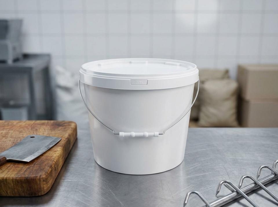 White 11.5 L plastic bucket with lid and metal bail handle on a steel table in an Aktobe meat processing shop, next to a cutting board