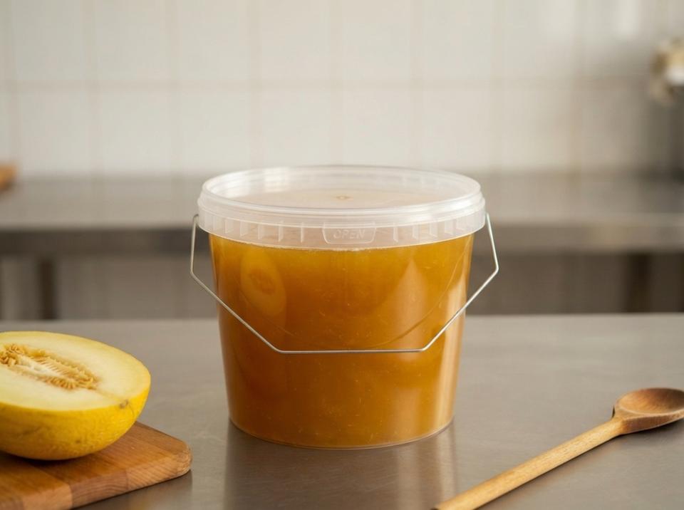 Clear 2.3 L plastic bucket of melon jam on a steel workshop table next to half a yellow melon and a wooden spoon