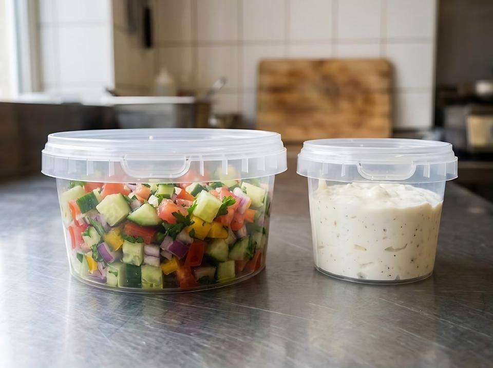 Two plastic containers of ready-made salads on a packing-line table