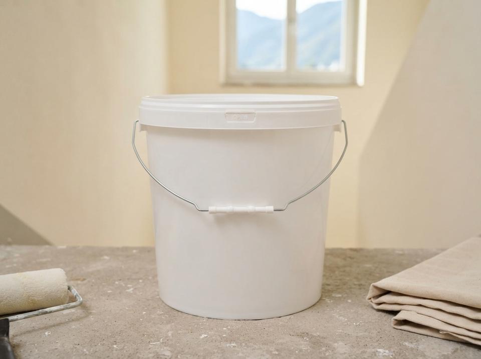 White 15 L plastic bucket with lid and metal bail handle with plastic grip, on a stair landing in a building under renovation, next to a paint roller