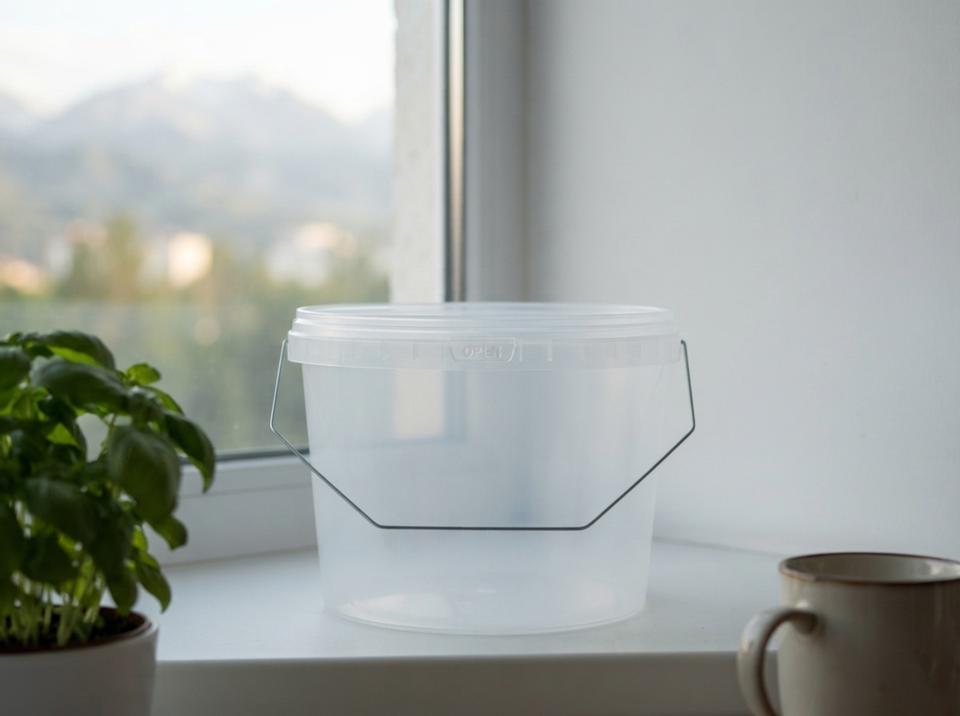Clear 3 liter plastic bucket with lid and bail handle on a city kitchen windowsill in Bishkek next to a pot of basil
