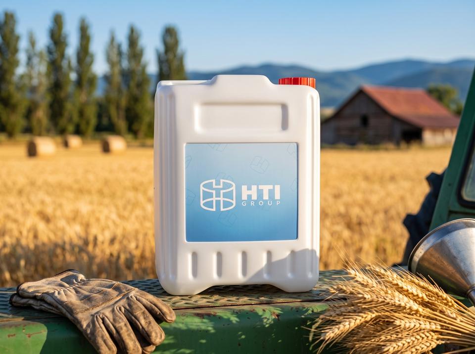 10 L plastic jerry can on a tractor step by a wheat field