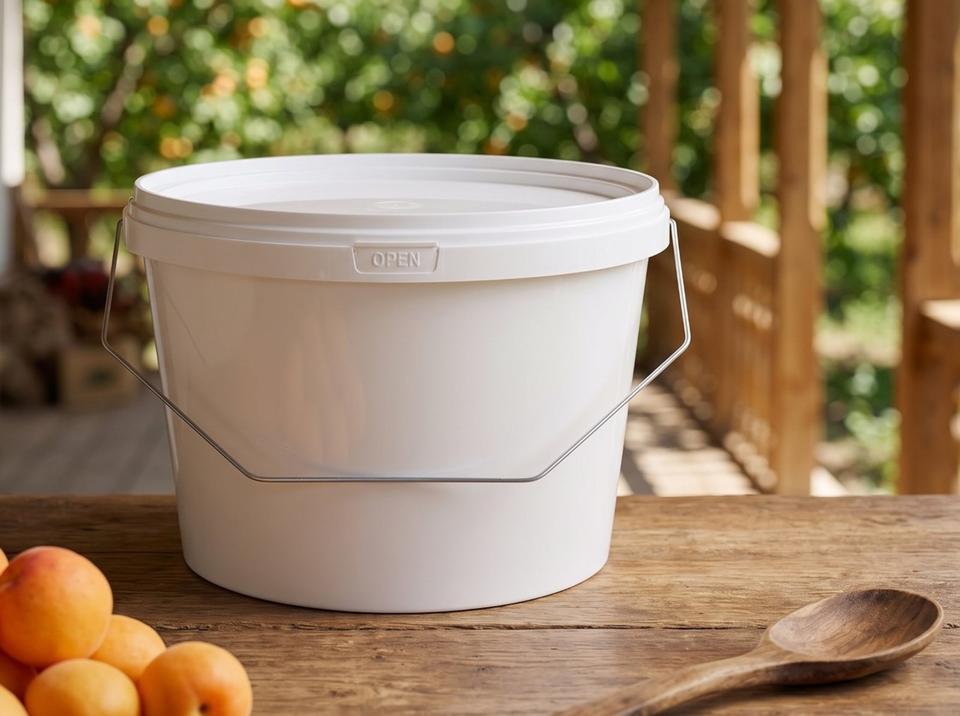 White 3 liter plastic bucket with lid and metal bail handle on a low veranda table in Batken next to a pile of fresh apricots