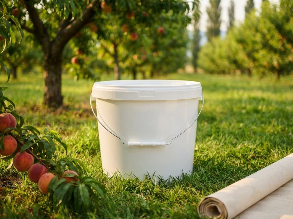 White 11.5 L plastic bucket with lid and metal bail handle with plastic grip on the grass under a peach tree in an orchard in the Nooken Valley