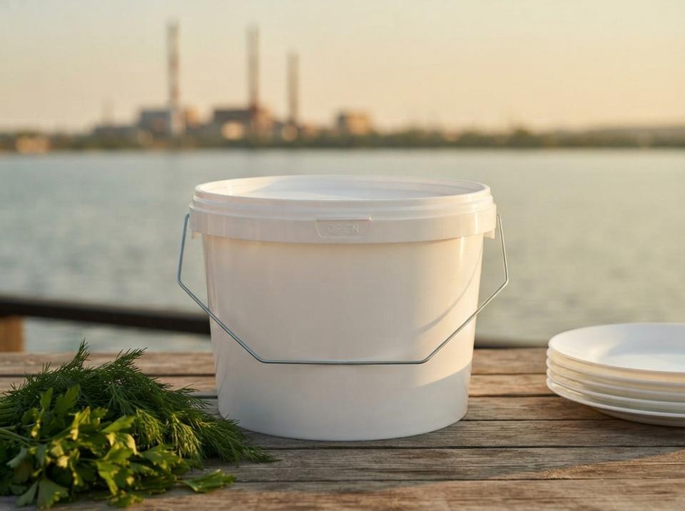 撒马尔罕水库（Samarkand Reservoir）边夏季餐馆的木桌上，一只 3 升白色带盖塑料桶，配金属提手，旁边是一摞餐盘