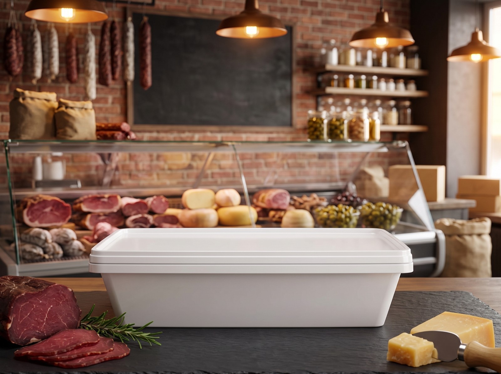 Flat 750 ml plastic tray with cold cuts on a deli counter
