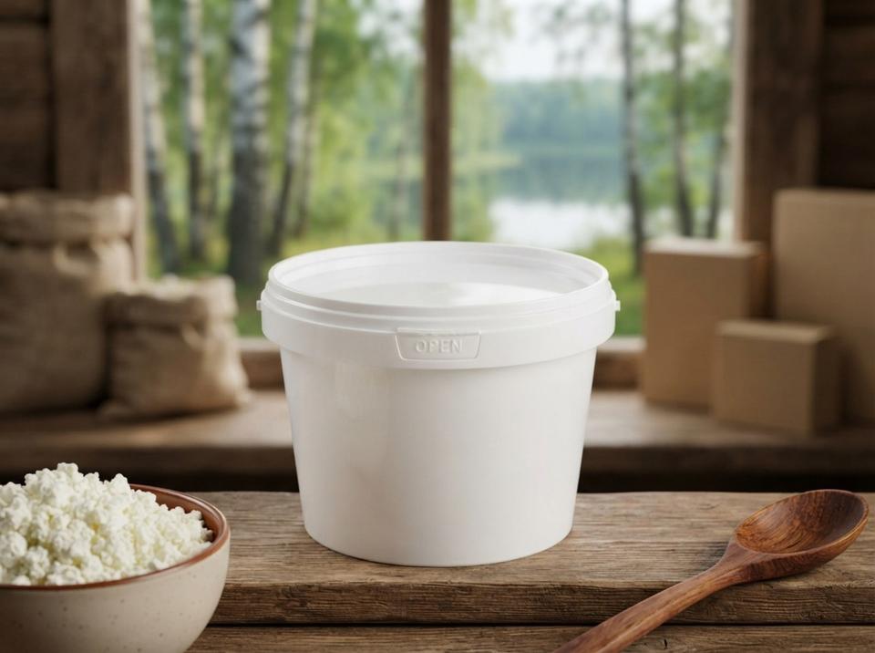White 800 ml plastic bucket with lid on a wooden shelf in a farm shop, a bowl of cottage cheese on the left, a wooden spoon on the right, a birch grove and a lake outside the window