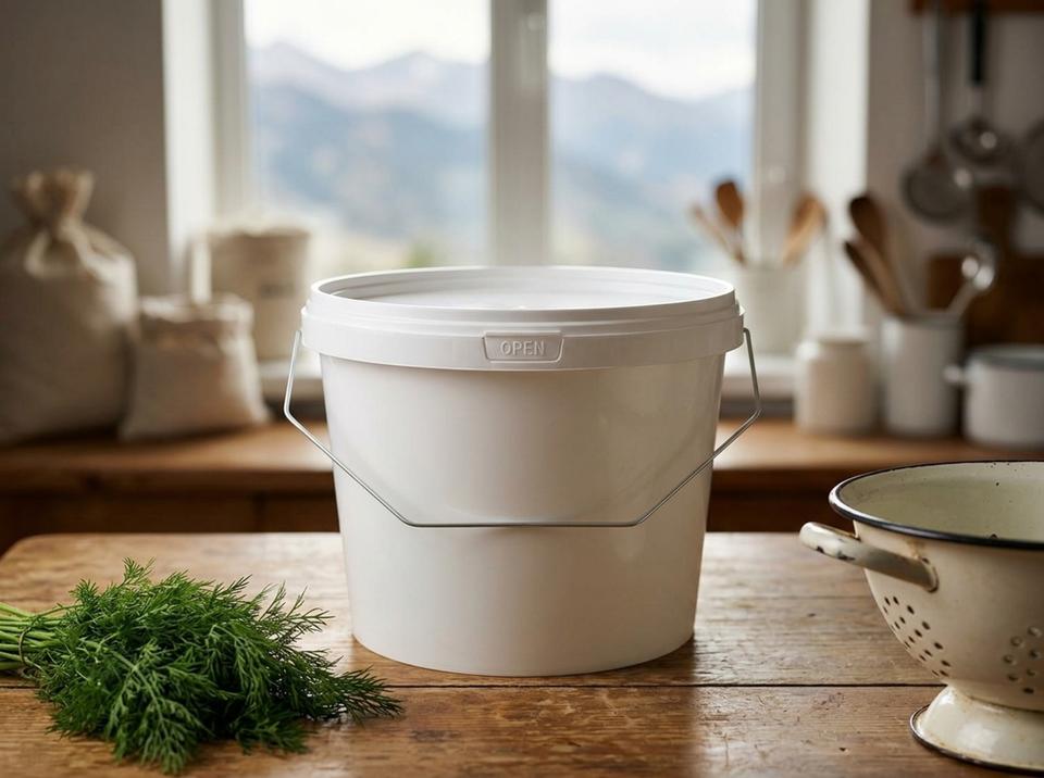 White 2.3 L plastic bucket with lid and bail handle on a wooden table in a home kitchen in Karakol next to a bunch of dill