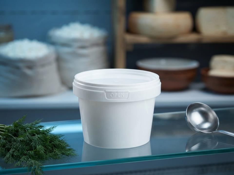 White 560 ml plastic bucket with lid, covered in fine condensation, on a glass shelf of a chilled display case in a dairy shop in Almaty