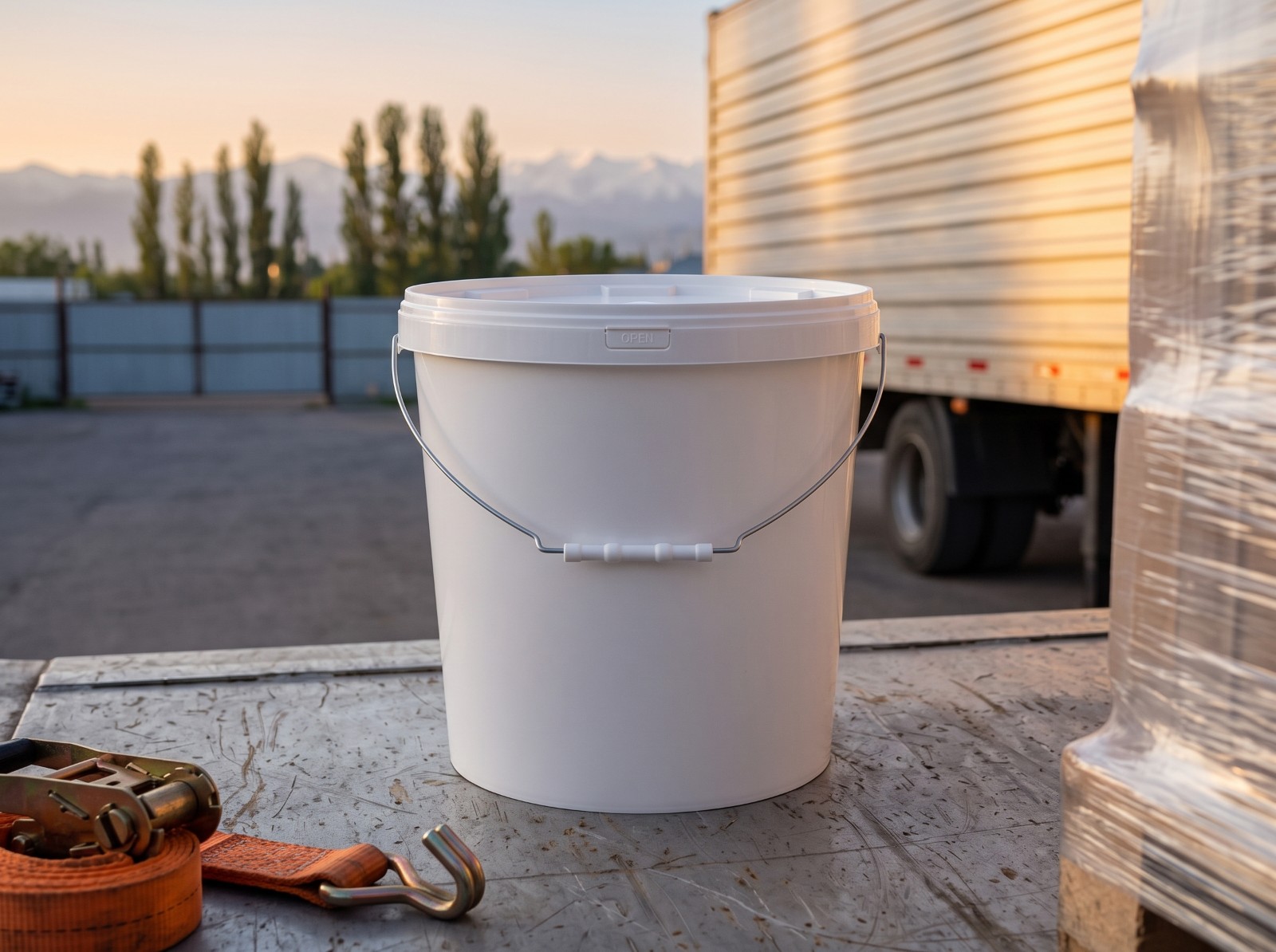 15 liter plastic bucket on a truck tail lift in the loading area at dawn