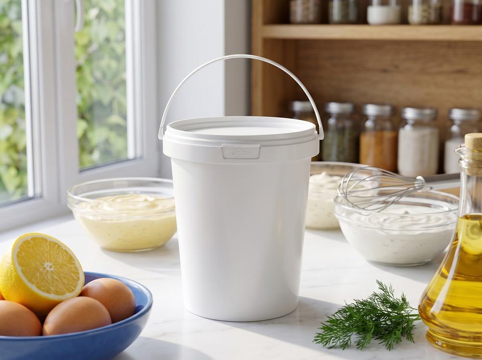White 900 ml plastic bucket with molded-in handle on a marble table in a sauce production area