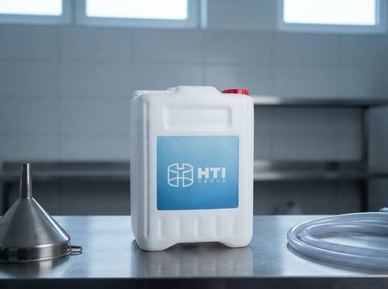White 5 L plastic jerry can with cap on a steel table in a detergent filling room next to a metal funnel