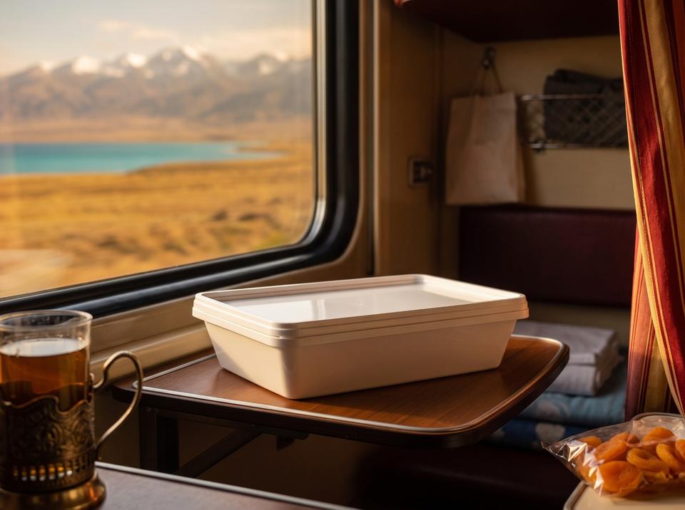 750 ml flat plastic tray on a table in a train compartment
