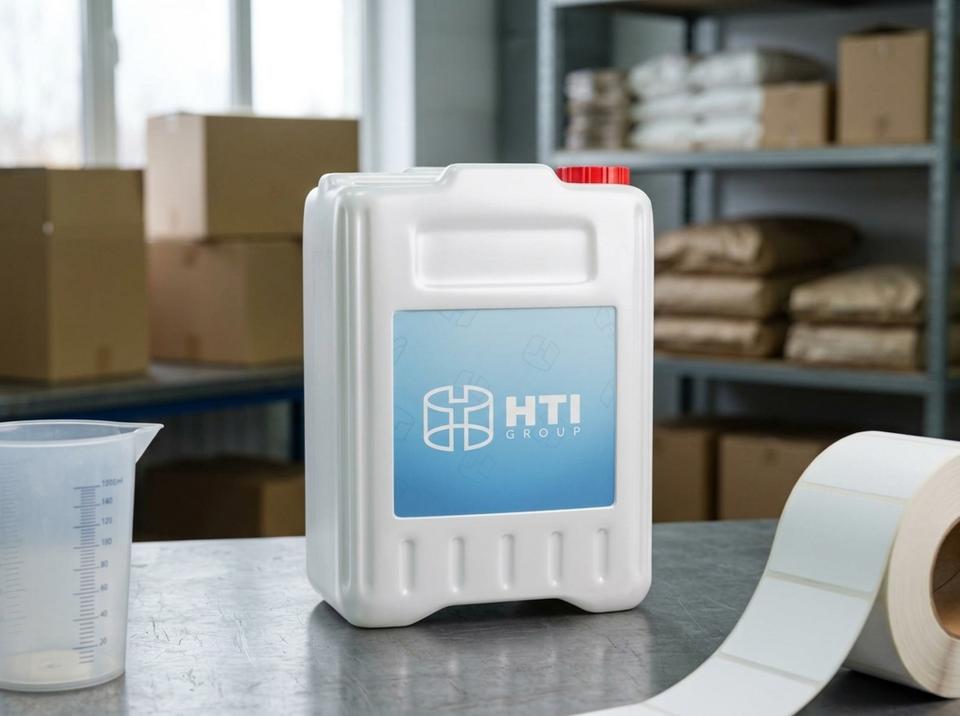 White 5 L plastic jerry can with cap on a workbench in a small household cleaning products shop in Pavlodar, next to a measuring jug