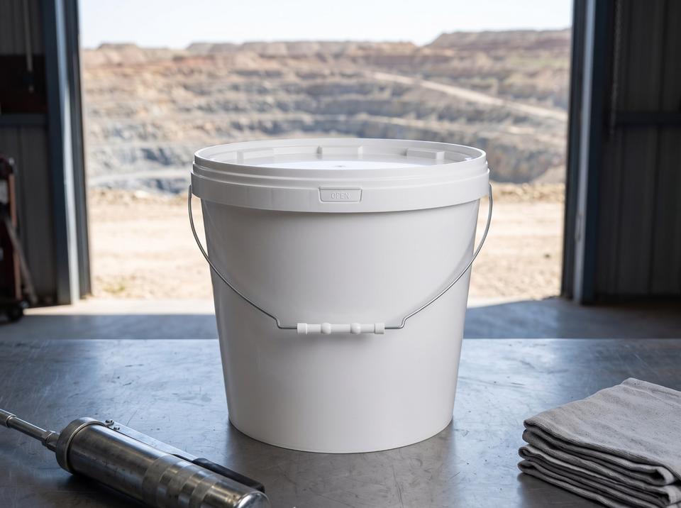 White 18 L plastic bucket with lid and metal bail handle with plastic grip on a steel workbench in a repair shop at an open-pit mine on the steppe