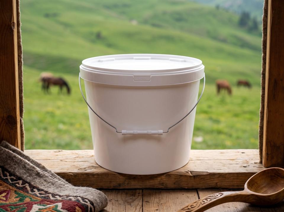 White 11.5 L plastic bucket with lid and metal bail handle with plastic grip on the wooden threshold of a yurt on a summer pasture, next to a folded felt mat