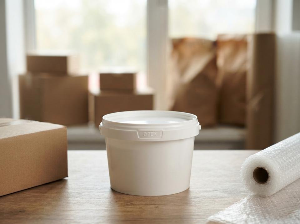 White 560 ml plastic bucket with lid on a wooden packing table at an online store next to a cardboard box