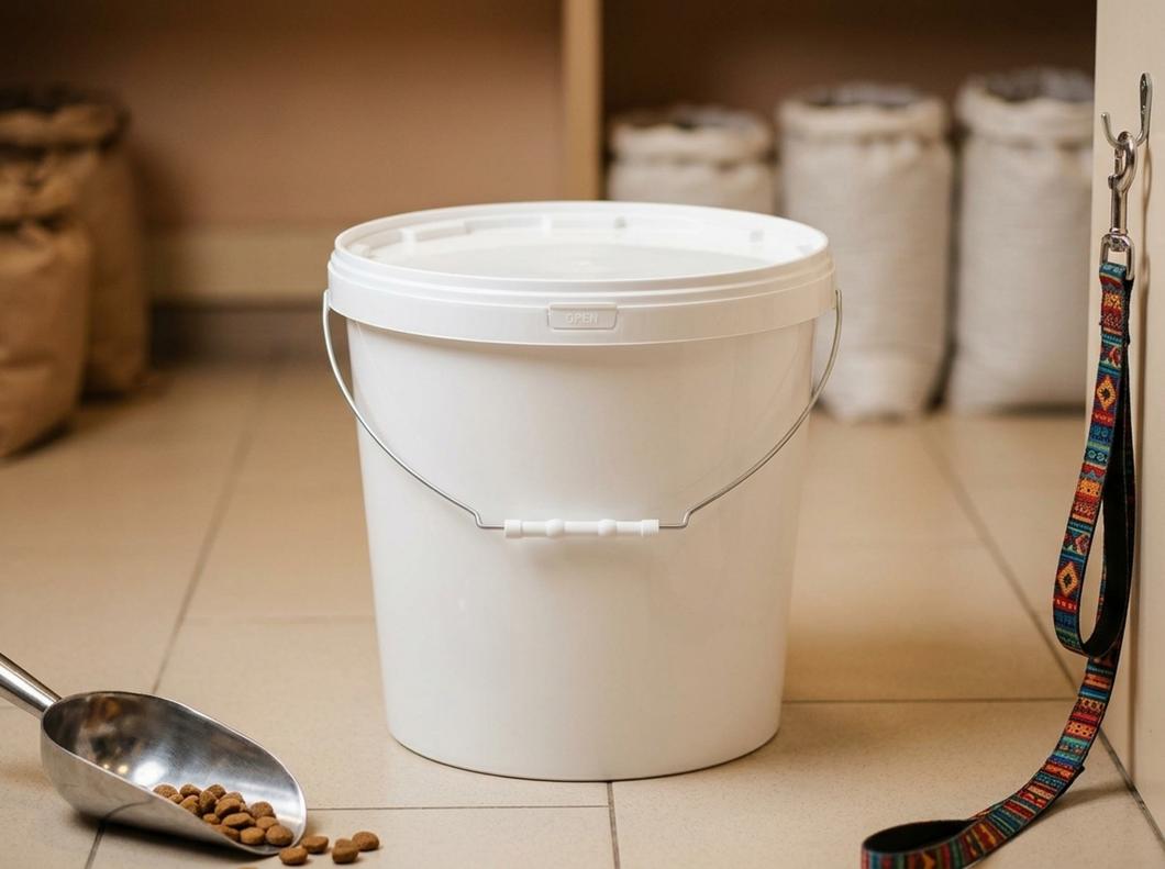 White 15 L plastic bucket with bail handle, plastic grip, and lid on the tiled floor of a pet store next to a scoop of dry food