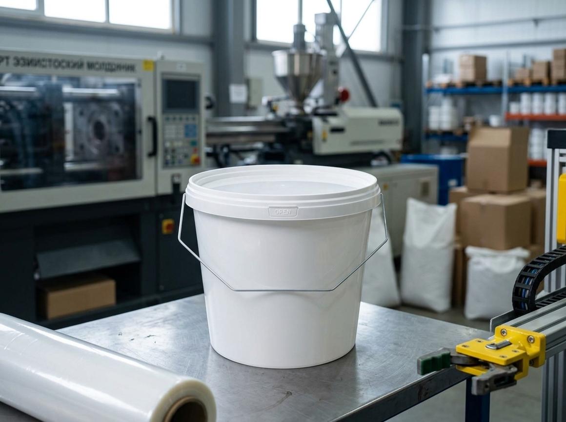 White 3.8 L plastic bucket with lid on a steel workbench in an injection molding shop next to a roll of clean film