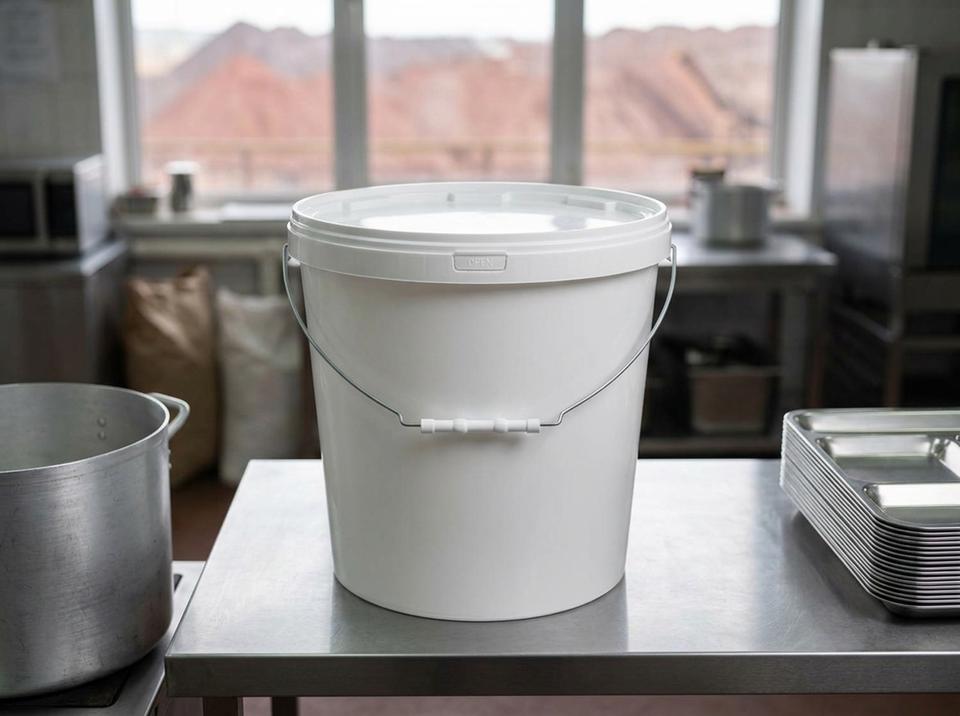White 15 L plastic bucket with lid and metal bail handle on the serving counter of a mining company canteen in Rudny