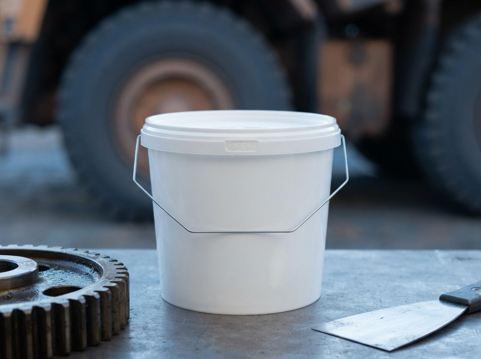 White 3.8 L plastic bucket with lid and metal bail handle on a workbench in a mining company's workshop, next to a large gear