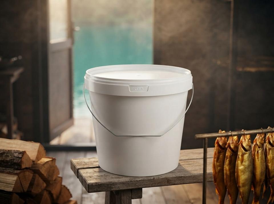 White 5.6 L plastic bucket with lid and metal bail handle on a bench at a smokehouse by the reservoir, next to smoked fish