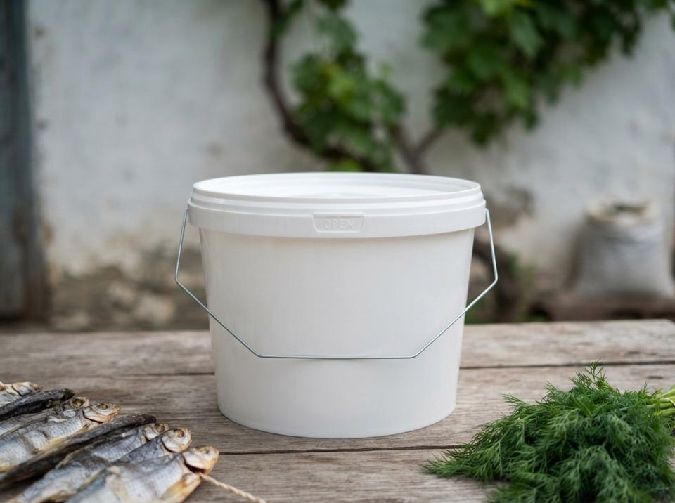 White 3 L plastic bucket with lid and metal bail handle on a table in the yard of a fisherman's house, next to a string of dried fish and dill