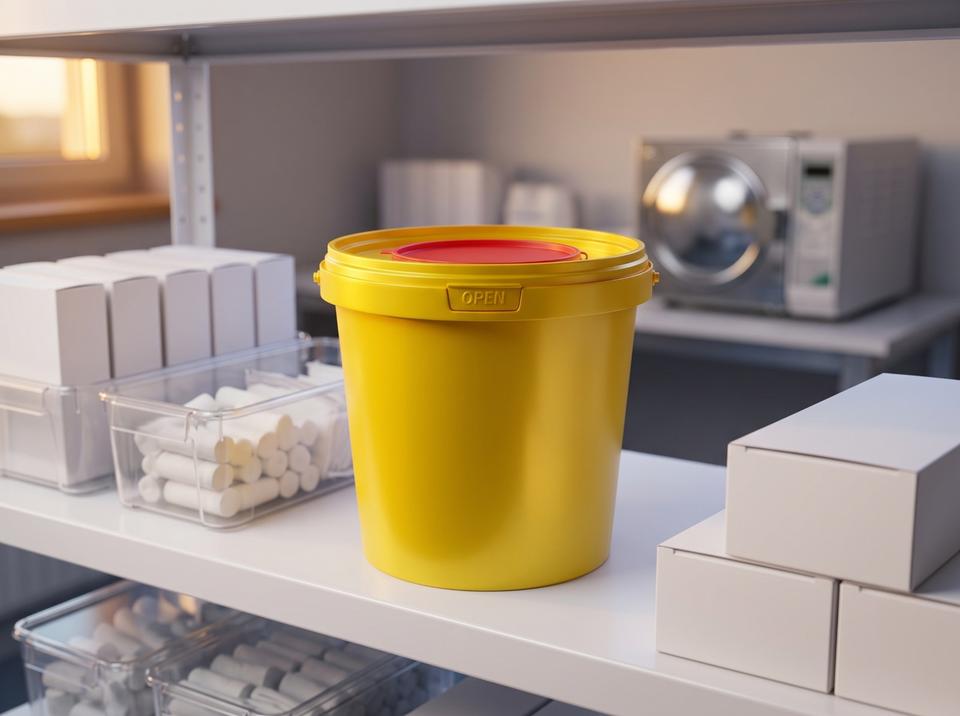 Yellow 1-liter medical waste bucket on a storeroom shelf in a dental clinic