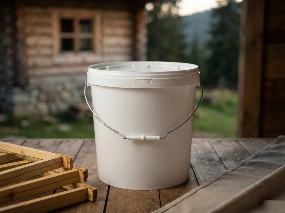 White 21 L plastic bucket with lid and metal bail handle with plastic grip on the wooden floor of a log apiary cabin, next to a stack of empty frames and a window overlooking a spruce-covered slope