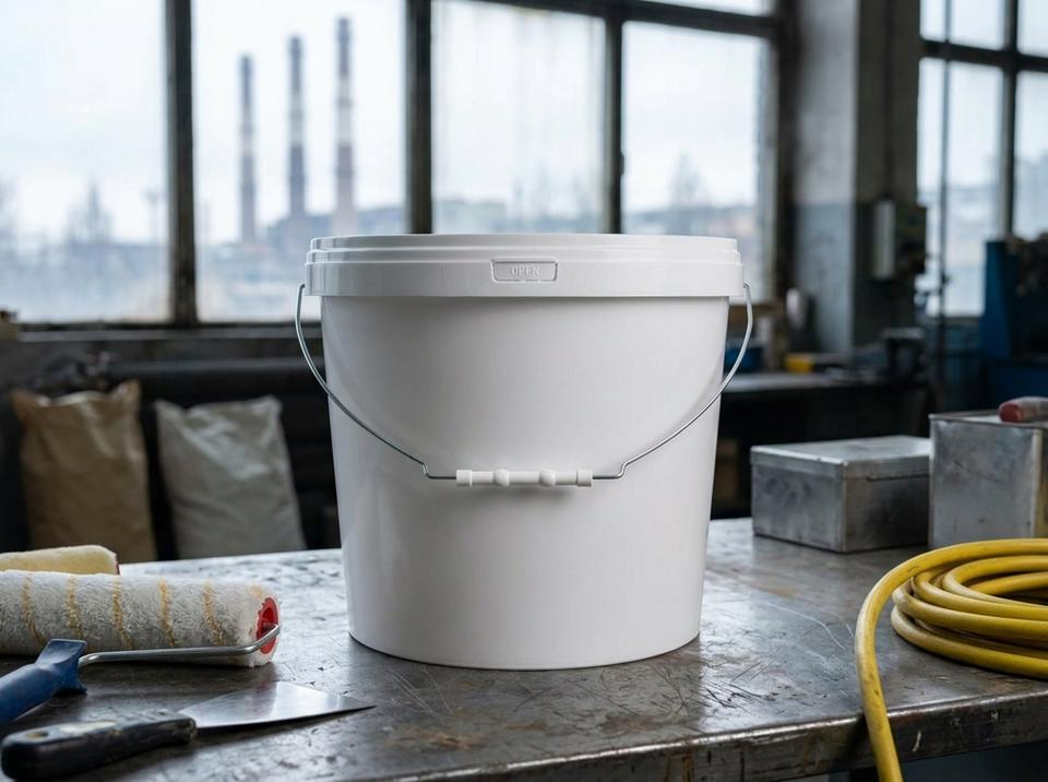White 18 L plastic bucket with metal bail handle on a workbench in an industrial plant's repair shop in Oskemen
