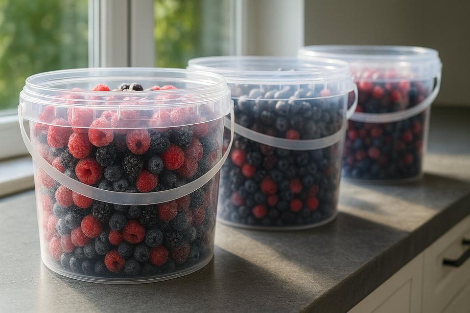 Clear buckets with mixed berries