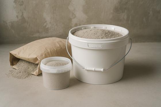 装有散装产品的塑料桶和纸袋