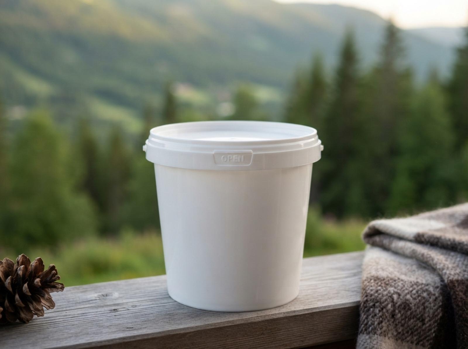 White 1 L plastic bucket with lid on the wooden railing of a guesthouse porch in the Kemin Valley, with mountains and spruce forest behind