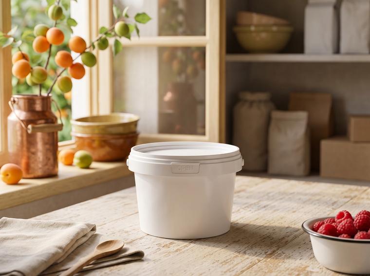 White 560 ml plastic bucket with a closed lid on a wooden table in a village dairy kitchen
