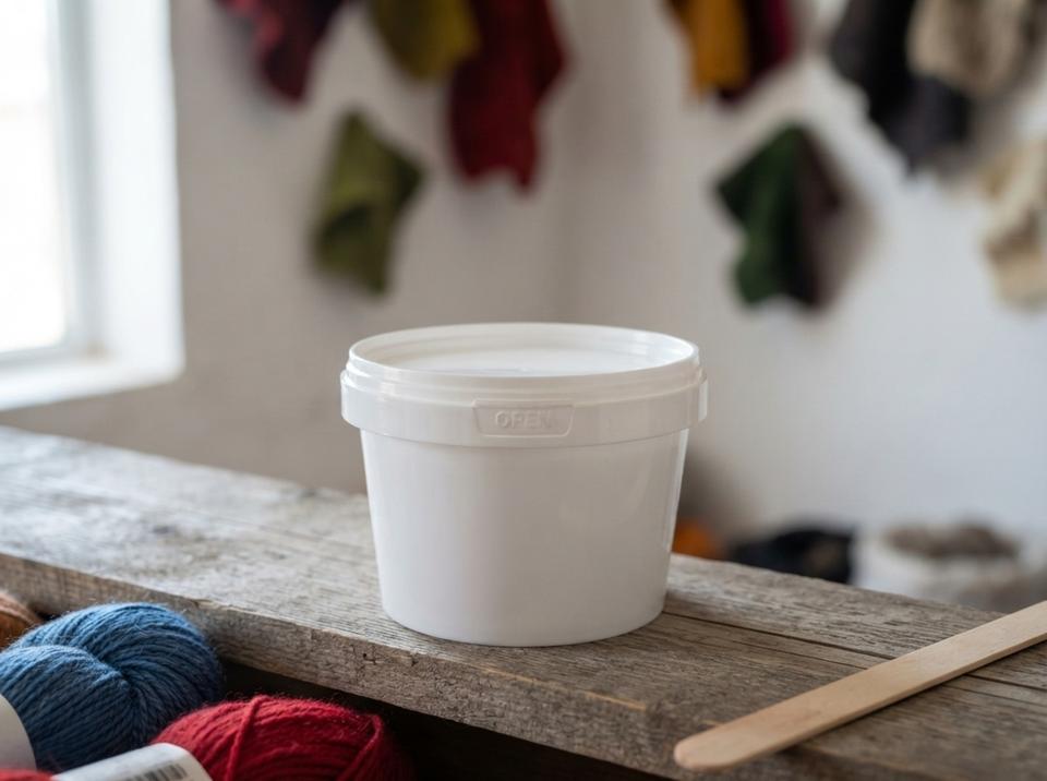 White 560 ml plastic bucket with lid on a wooden workshop shelf, next to skeins of blue and red wool and a wooden stirrer
