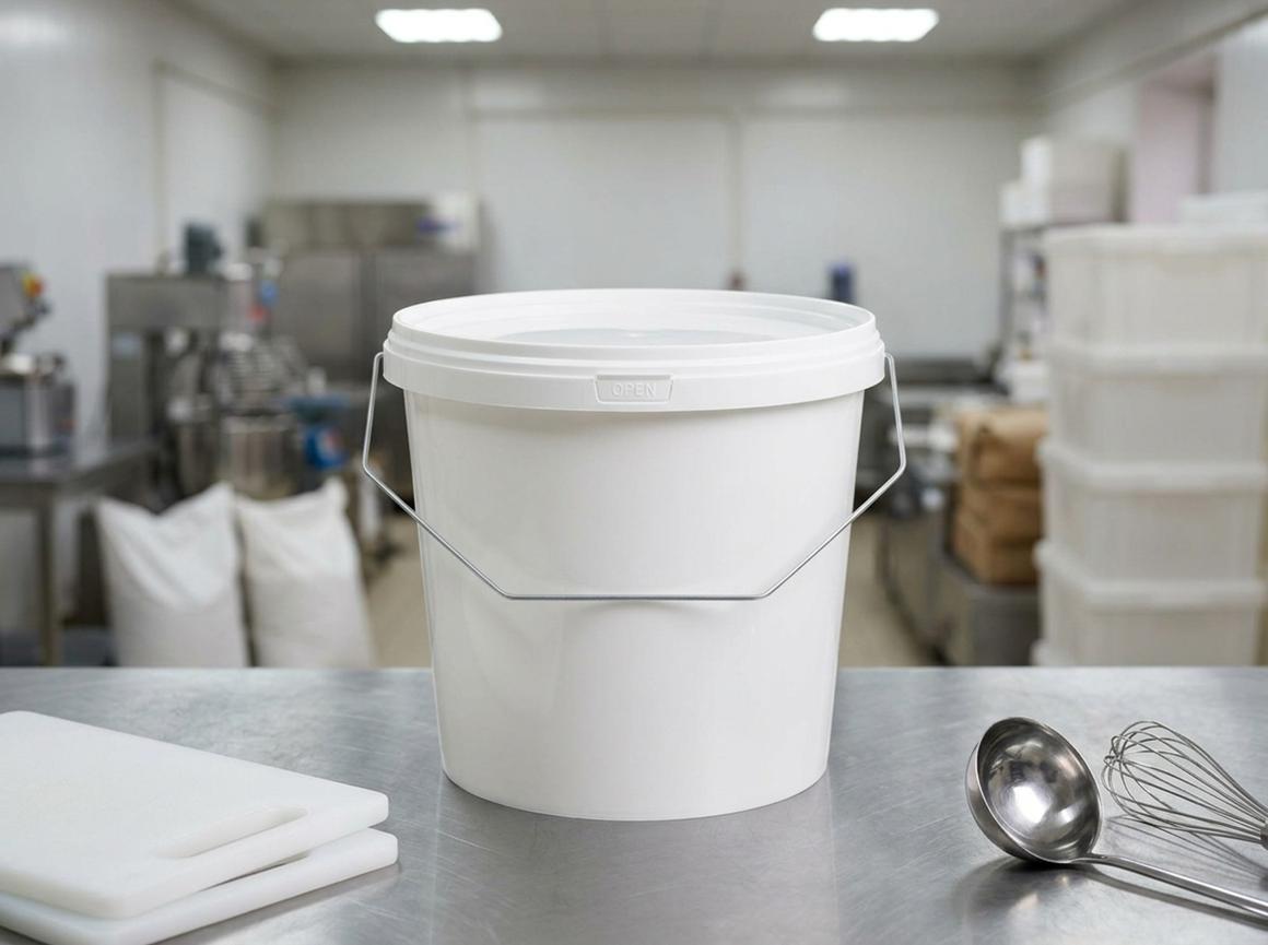 White 3.8 L plastic bucket with lid and bail handle on a stainless steel table in a food production area next to a stack of cutting boards
