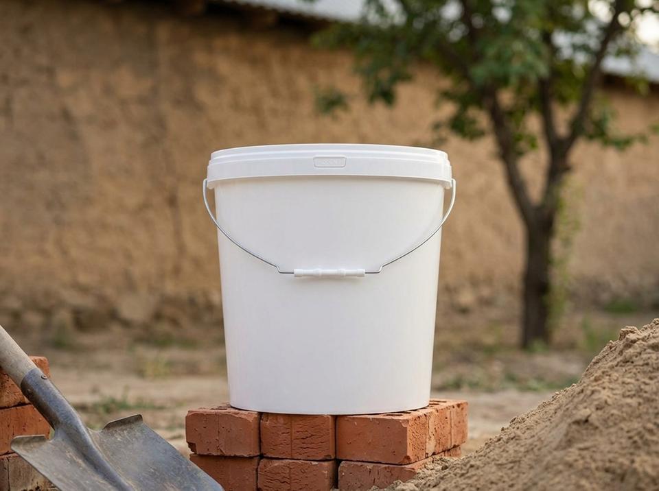 White 21 L plastic bucket with lid and metal bail handle with plastic grip on a stack of red bricks in the yard of a house under construction