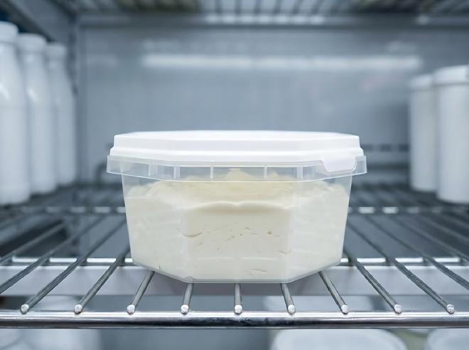 Hexagonal plastic container of sour cream on a store refrigerator shelf