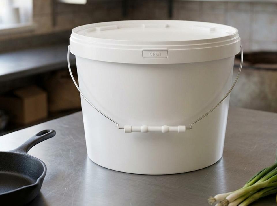 White 8 L plastic bucket with lid and metal bail handle with plastic grip on a steel table in a roadside cafe kitchen, next to a cast-iron skillet