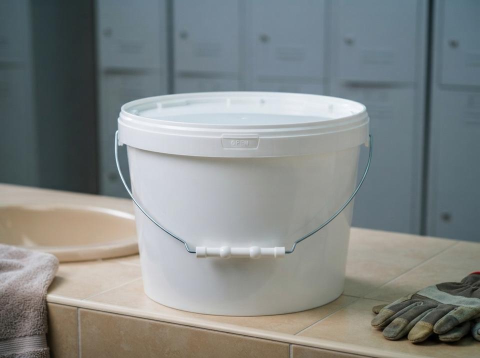White 8 L plastic bucket with lid and metal bail handle with plastic grip on a tiled shelf by the sink in a service company locker room