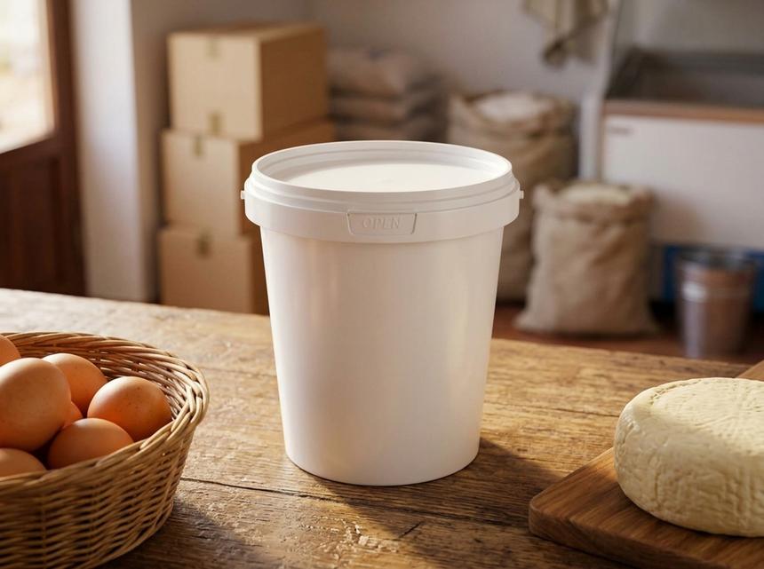 White 850 ml plastic bucket with lid on a dairy shop counter next to a basket of eggs