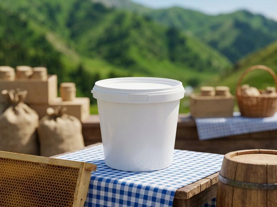 苏萨梅尔（Suusamyr）下山公路边的蜂蜜摊柜台上，放着一只 1 升白色带盖塑料桶，旁边是一个木制巢框