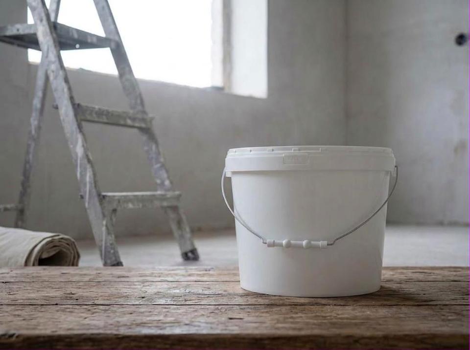 White 8 liter plastic bucket with lid on a workbench at a renovation site