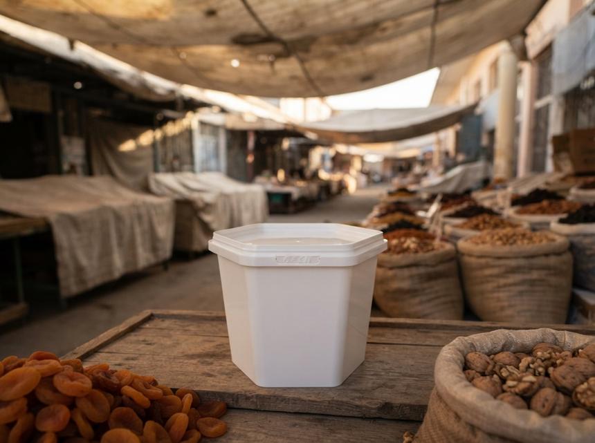 400 毫升白色带盖六角形塑料食品盒，放在奥什巴扎（Osh Bazaar）果干摊位的柜台上，旁边是一堆杏干