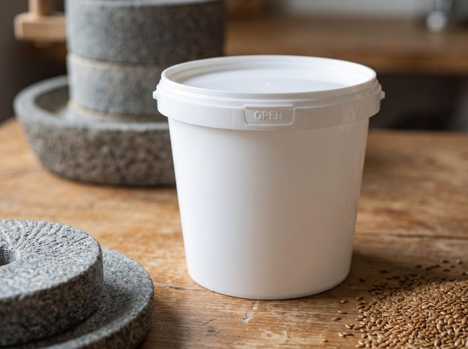 White 1 L plastic bucket with lid on a wooden table in an urbech workshop next to a stone mill
