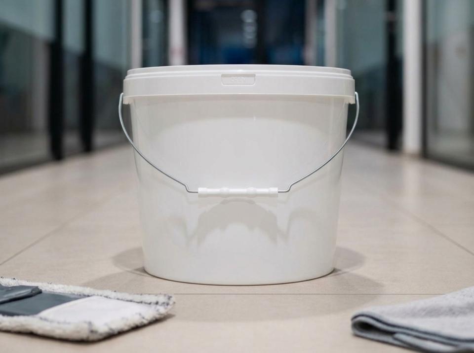 White 11.5 L plastic bucket with metal bail handle, plastic grip, and lid on a tiled office hallway floor next to a flat mop
