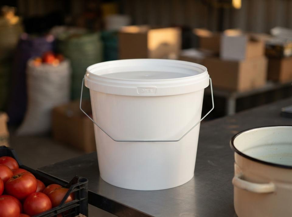 White 3.8 L plastic bucket with lid on a steel table in a Jalal-Abad cannery next to a crate of tomatoes
