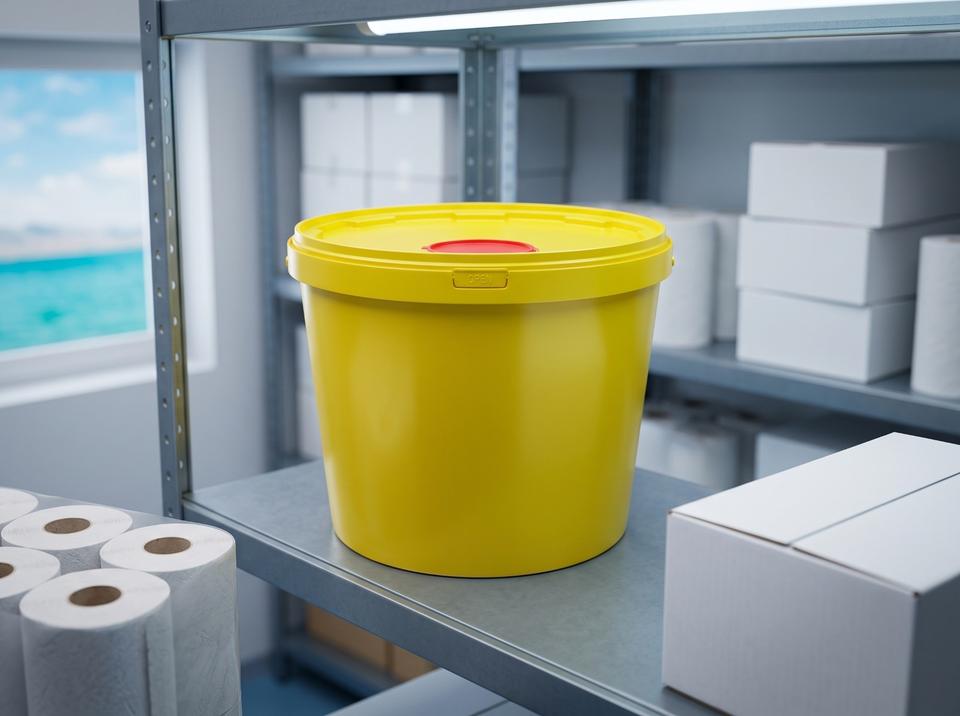 Yellow 11.5 liter medical waste bucket in a ward storeroom
